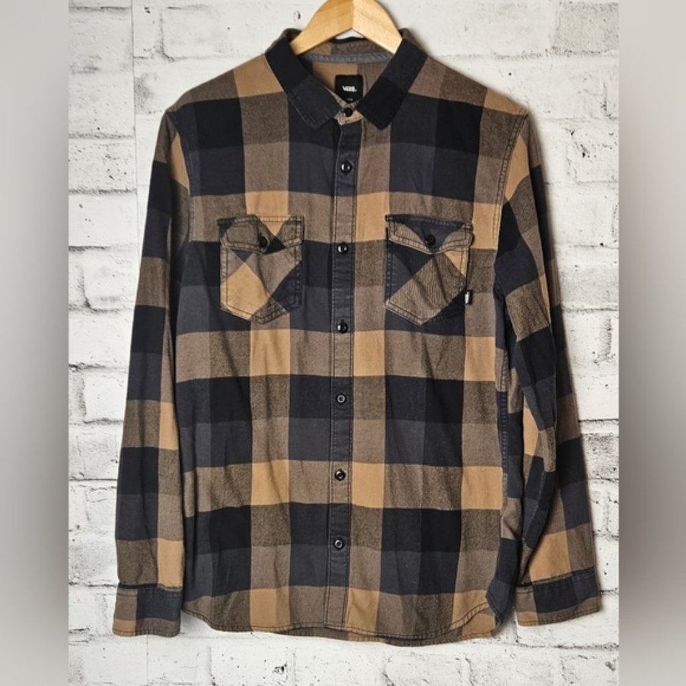 Vans Black and Tan Plaid Casual Button Down Shirt